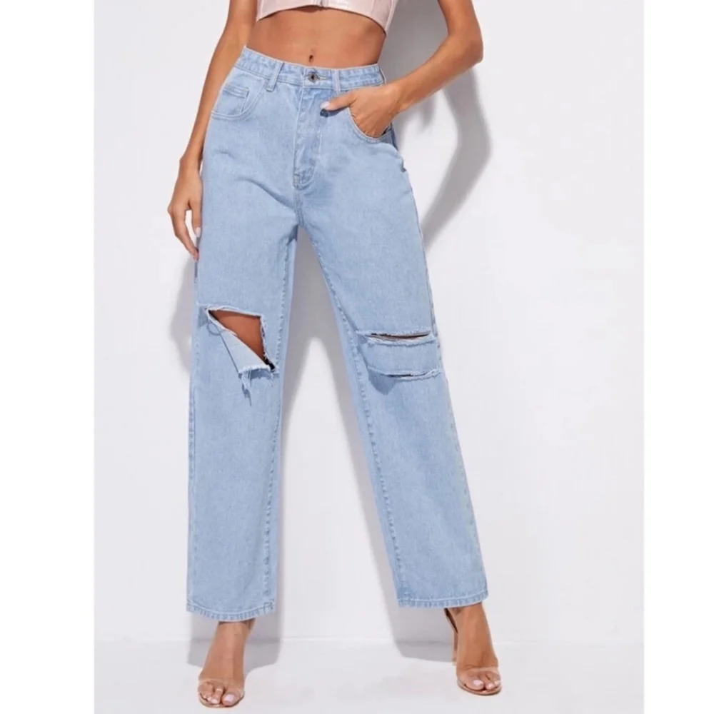 SHIEN Distressed High Rise Light Medium Wash Jeans Size Women's 6